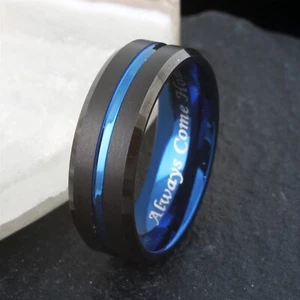 AUSVERKAUF schwarzer Wolfram dünne blaue Linie GRAVIERT "Always Come Home" Ring Größe 12 - Bild 1 von 3