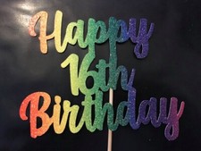 Bright Rainbow personalizzati cake topper Felice 16th Compleanno Qualsiasi Età GRATIS UK P & P