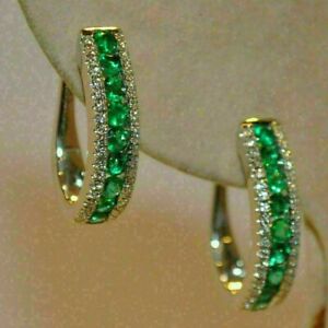 14K White Gold Plated 2.5Ct Round Cut Green Simulated Emerald Hoop Women Earring