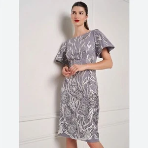 JS COLLECTIONS Lyra Flutter Floral Sequin Cocktail Silver Dress Sz 18 NWOT - Imagen 1 de 12