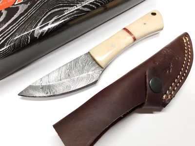 Pakistán Damasco Hueso Espiga Completa Hoja Fija Cuchillo Caza Cuero Cinturón Funda Foto 1 de 4