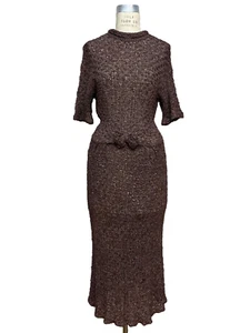 Vestido Midi De Colección Años 40 50 Saks Fifth Avenue Chocolate Rayón Cinta Tejido Crochet S/M - Imagen 1 de 18