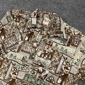 Go Barefoot Hawaiian Shirt Mens M Brown Green Geometric Popover Button Up - Picture 1 of 8