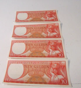 4 Consecutive Central Bank of Suriname Bank Notes ~ 1963 ~ 10 Gulden - Picture 1 of 7