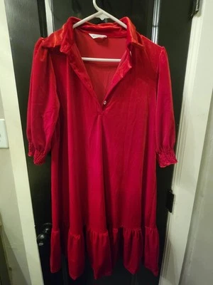 Vestido de terciopelo rojo S-Fashion con pequeños volantes en la parte inferior. vestido media manga Foto 1 de 4