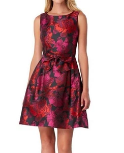 Tahari Levine Pink Red Big Bow Fit & Flare Cocktail Party Dress Pockets Size 16 - Picture 1 of 11