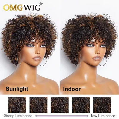 Peluca Rubia Destacados Afro Rizos con Flequillo 100% Cabello Humano Completa Hecha a Máquina Foto 1 de 4