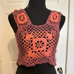Crochet Crop Top Purple Coral Sleeveless Lace Up Back Festival Bohemian Handmade - Picture 1 of 7