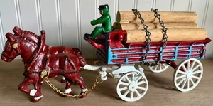 Vintage Cast Iron Clydesdale Horse Drawn Wagon w/ Wood Logs - Picture 1 of 5