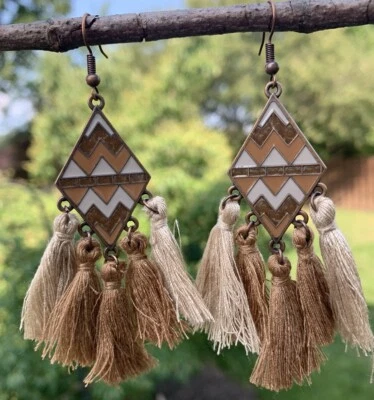 3" Dangle Earrings Triangle & Tassel Copper & Enamel. BOHO Southwest - Hook NEW - Image 1 of 4