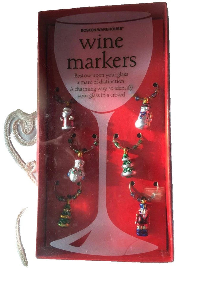 Boston Warehouse Navidad 6 marcadores de copa de vino noticias en una caja  Foto 1 de 1
