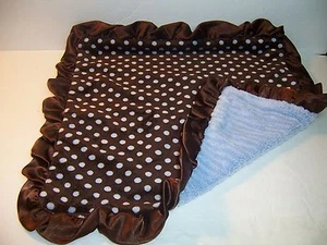 SECURITY BLANKET - DUST BUNNIES - PLUSH BROWN / BLUE DOTS/SATIN RUFFLE EDGE VGC  - Picture 1 of 3