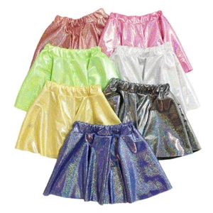 Women Girls Shiny Metallic Pleated Skirt Elastic Waist Dance Skater Skirt - Picture 1 of 24