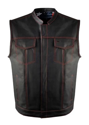 Men's Motorcycle Old Glory Riding Leather Vest with Red Stitching USA Flag liner - Image 1 of 4