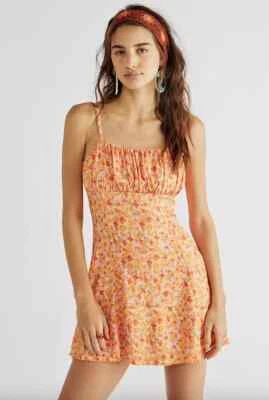Free People Jamie Strappy Floral Printed Mini Dress in Orange Size L RRP $98 - Image 1 of 3
