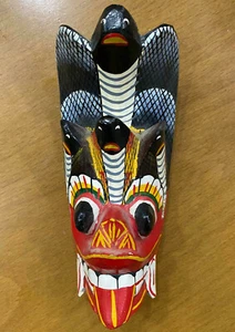 Vintage Wood Wall Mask Man Sri Lanlak Traditional Hand Carved Cobra Art Talisman - Picture 1 of 9