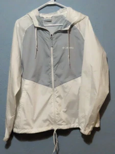 Columbia Women's Large Thin Full Zip Hooded White/Gray Rain Jacket Windbreaker - Picture 1 of 10