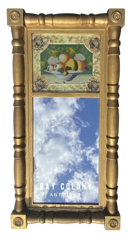 19TH C ANTIQUE SHERATON GOLD GILT MIRROR W/ REVERSE PAINTED BASKET OF FRUIT Cover