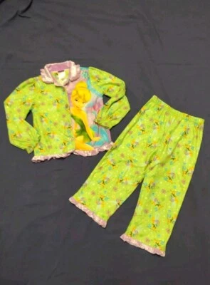 Girl 's Tinker Bell Disney PJ Pajama Set 4T Flannel Warm Sleepwear Green EUC - Изображение 1 из 4