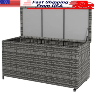 83 Gal Outdoor Storage Deck Box Wicker Chest on Wheels Garden Pool Supplies Hot - Picture 1 of 7
