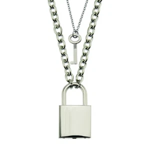 Stainless Steel Chain Necklace Lock Key Pendant Necklace Couple Padlock Necklace - Picture 1 of 9