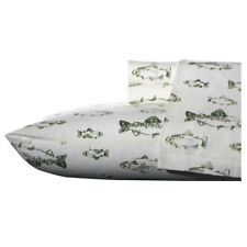 Green White Fish Lodge 4pc Cotton Flannel Sheet Set Twin Full Queen King Bedding