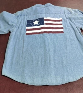 JERZEES SHIRT MEN LARGE DENIM BUTTON DOWN PAINTED FLAG USA PATRIOTIC POCKET - Picture 1 of 11