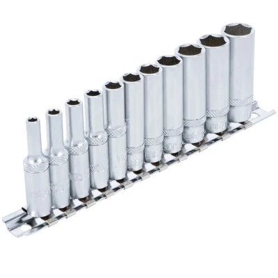 SET OF 11 EXTRA LONG SOCKETS 6 SIDED SQUARE RATCHET 1/4 BGS - 4 TO 13mm - Image 1 of 4