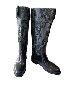VALENTINO GARAVANI Womens Black Floral Lace & Patent Hi Boots Size 39 Sz 8 1/2 - Picture 1 of 16