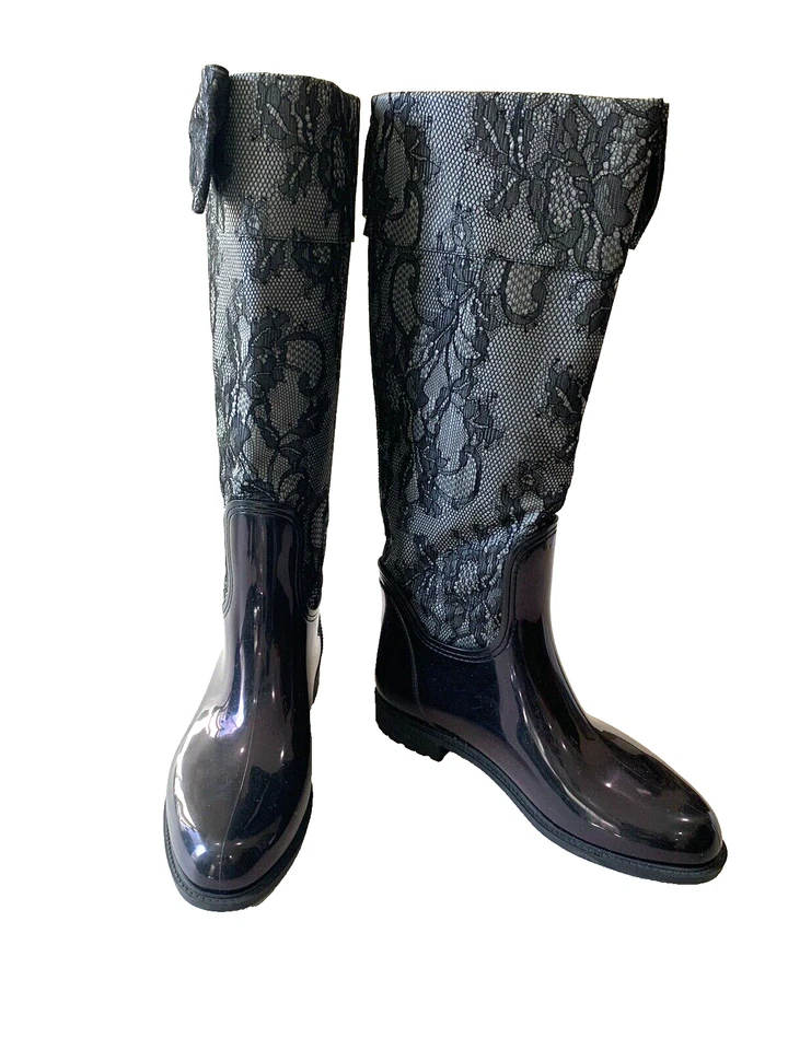 VALENTINO GARAVANI Womens Black Floral Lace & Patent Hi Boots  Size 39  Sz 8 1/2 - Image 1 of 4