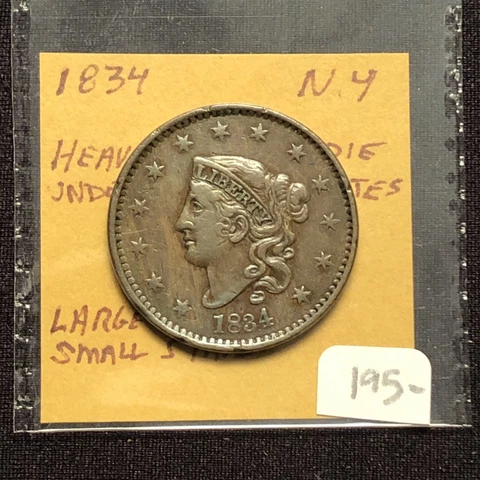 1834 Large Cent  Lg 8 Sm Stars N-4 Heavily Rusted Reverse Die Couple Rim Bumps Cover