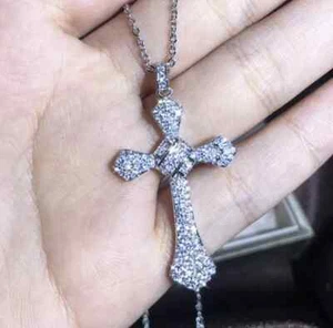 2.0 Ct Round Cut Lab Created White Diamond Cross Pendant White Real 925 Silver - Picture 1 of 7