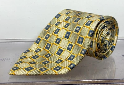 ERMENEGILDO ZEGNA Men's Silk Necktie ITALY Luxury Geometric Gold/Blue/Ivory EUC - Image 1 of 4