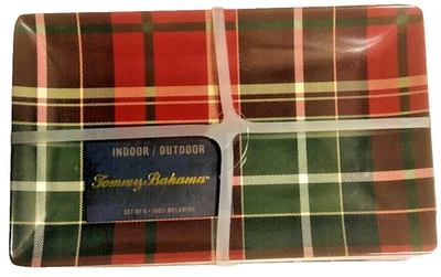 Tommy Bahama Juego de 6 Platos de Navidad Tartán Cuadros Melamina Postre App Lado Foto 1 de 4