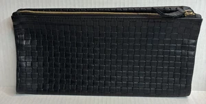 Bolso sin asas de cuero negro tejido tejido Clare Vivier cartera plegable - Imagen 1 de 10