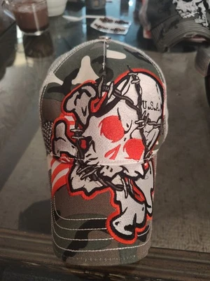 Red Monkey Trucker Hat, Skull And Cross Bones, Snapback, Leather Underbrim, Camo - Image 1 of 4