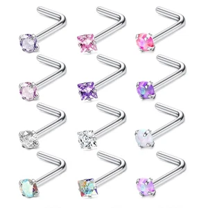 12pcs CZ Zircon Opal Nose Stud Set I L Shaped Nostril Ring Body Piercing Jewelry - Picture 1 of 9