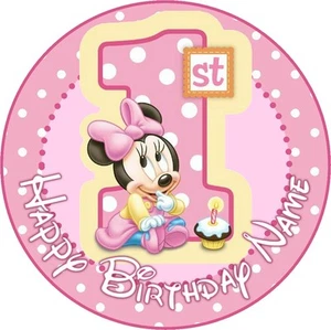 EDIBLE Baby Minnie Mouse Cake Topper 1st Birthday Wafer Paper 7.5" round (uncut) - Picture 1 of 4
