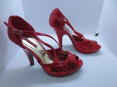 Zapatos de tacón alto Bordello de lentejuelas rojas con punta abierta para mujer - Talla: 8 Foto 1 de 4