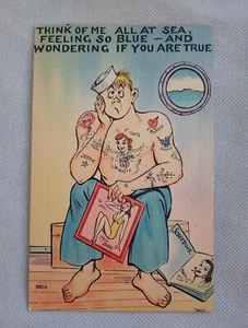 THINK OF ME ALL AT SEA by Walt Munson 40s Era Humorous LINEN Postcard NH14 - Picture 1 of 5