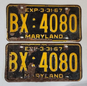 1967 Original MARYLAND License Plate Matched Pair # BX : 4080 - Picture 1 of 5