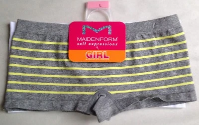 NWT MAIDENFORM GIRLS 1 WHITE 1 GRAY/GREEN SHORT UNDERWEAR PANTY LARGE 10/12    - Image 1 of 2