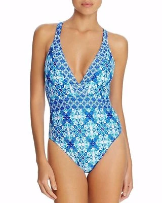  NUEVO Traje de baño de una pieza La Blanca cristal azul verdadero estampado con tiras Maillot 14 Foto 1 de 2