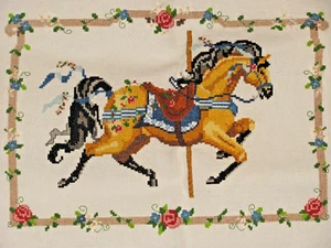 Finished Completed Cross Stitch ~"Carrousel Horse"~Colorful~Nostalgic~12" x 9" - Picture 1 of 7
