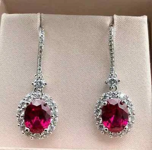 2 Ct Oval Cut Lab-Created Ruby Women Dangle-Drop Earrings 14K White Gold Plated - Picture 1 of 7