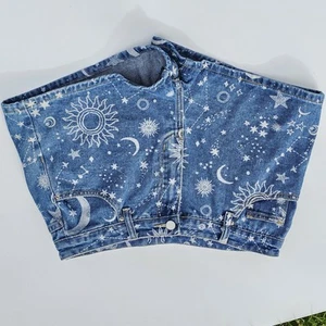 Pantaloncini vintage Romwe donna 8/10 grandi stampa celeste denim stelle pianeti luna - Foto 1 di 8