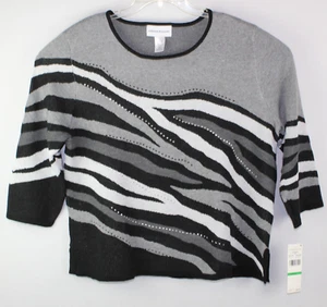 Alfred Dunner Sweater Black Gray Animal Jacquard Women Size L Rhinestone Accent - Picture 1 of 11