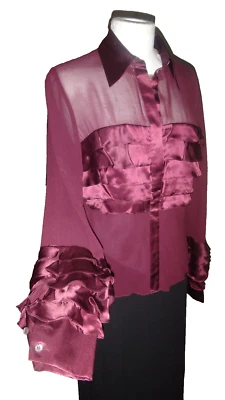 Karen Millen Purple 100% Silk Tailored Button Blouse Sheer Satin Ruffled UK 12💖 - Image 1 of 4
