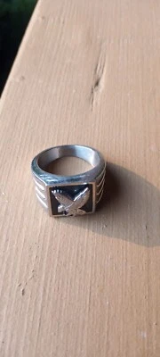 Stainless Steel Signed JCM Eagle In Flight Black Onyx Unisex Ring - Size 9 1/2 - Image 1 of 3