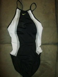 Nike Sz 12 Black White Gray Swim Bathing Suit SoftShellBra Shoulder2Crotch28-29" - Picture 1 of 10